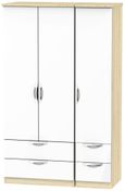 Camden White Gloss and Oak Effect 3 Door Triple Wardrobe - 4 Drawers