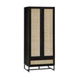 Clearance - Padstow Black and Rattan 2 Door 1 Drawer Double Wardrobe - A323