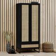 Clearance - Padstow Black and Rattan 2 Door 1 Drawer Double Wardrobe - A323