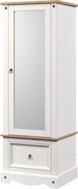 Corona White Mexican Pine Single Door Mirror Wardrobe with Drawer
