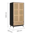 Croxley Wardrobe - 2 Door - 1 Drawer - Black and Rattan