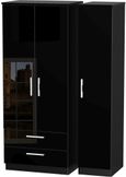Knightsbridge Black Gloss 3 Door Triple Wardrobe - LHF 2 Drawers