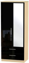 Knightsbridge Black Gloss and Light Oak 2 Door Combi Wardrobe - 1 Mirror