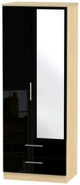 Knightsbridge Black Gloss and Light Oak 2 Door Tall Combi Wardrobe - 1 Mirror