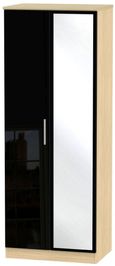 Knightsbridge Black Gloss and Light Oak 2 Door Tall Wardrobe - 1 Mirror