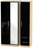 Knightsbridge Black Gloss and Light Oak 3 Door Combi Wardrobe - 1 Mirror and RHF 2 Drawers