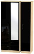 Knightsbridge Black Gloss and Light Oak 3 Door Tall Combi Wardrobe - 1 Mirror and LHF 2 Drawers