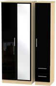 Knightsbridge Black Gloss and Light Oak 3 Door Tall Combi Wardrobe - 1 Mirror and RHF 2 Drawers