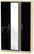 Knightsbridge Black Gloss and Light Oak 3 Door Tall Triple Wardrobe - 1 Mirror