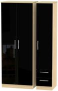 Knightsbridge Black Gloss and Light Oak 3 Door Tall Triple Wardrobe - RHF 2 Drawers