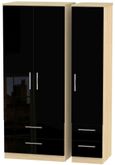 Knightsbridge Black Gloss and Light Oak 3 Door Triple Wardrobe - 4 Drawers
