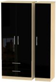 Knightsbridge Black Gloss and Light Oak 3 Door Triple Wardrobe - LHF 2 Drawers