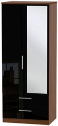 Knightsbridge Black Gloss and Walnut Effect 2 Door Combi Wardrobe - 1 Mirror