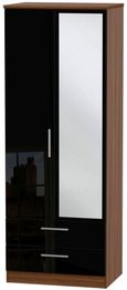 Knightsbridge Black Gloss and Walnut Effect 2 Door Tall Combi Wardrobe - 1 Mirror