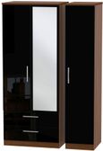 Knightsbridge Black Gloss and Walnut Effect 3 Door Combi Wardrobe - 1 Mirror and LHF 2 Drawers