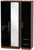 Knightsbridge Black Gloss and Walnut Effect 3 Door Combi Wardrobe - 1 Mirror and RHF 2 Drawers
