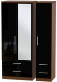 Knightsbridge Black Gloss and Walnut Effect 3 Door Combi Wardrobe - 1 Mirror