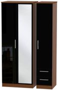 Knightsbridge Black Gloss and Walnut Effect 3 Door Tall Combi Wardrobe - 1 Mirror and RHF 2 Drawers