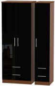 Knightsbridge Black Gloss and Walnut Effect 3 Door Tall Triple Wardrobe - 4 Drawers