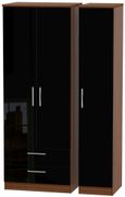 Knightsbridge Black Gloss and Walnut Effect 3 Door Tall Triple Wardrobe - LHF 2 Drawers