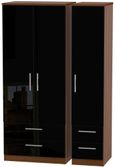 Knightsbridge Black Gloss and Walnut Effect 3 Door Triple Wardrobe - 4 Drawers