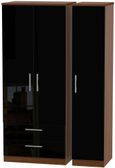 Knightsbridge Black Gloss and Walnut Effect 3 Door Triple Wardrobe - LHF 2 Drawers