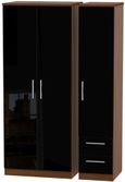 Knightsbridge Black Gloss and Walnut Effect 3 Door Triple Wardrobe - RHF 2 Drawers