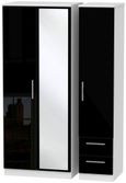 Knightsbridge Black Gloss and White 3 Door Combi Wardrobe - 1 Mirror and RHF 2 Drawers