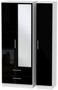 Knightsbridge Black Gloss and White 3 Door Tall Combi Wardrobe - 1 Mirror and LHF 2 Drawers