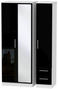 Knightsbridge Black Gloss and White 3 Door Tall Combi Wardrobe - 1 Mirror and RHF 2 Drawers