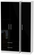 Knightsbridge Black Gloss and White 3 Door Tall Triple Wardrobe - LHF 2 Drawers