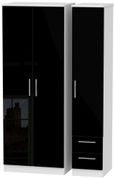 Knightsbridge Black Gloss and White 3 Door Tall Triple Wardrobe - RHF 2 Drawers