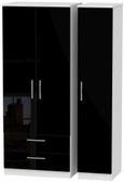 Knightsbridge Black Gloss and White 3 Door Triple Wardrobe - LHF 2 Drawers