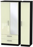 Knightsbridge Cream Gloss and Black 3 Door Combi Wardrobe - 1 Mirror and LHF 2 Drawers