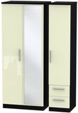 Knightsbridge Cream Gloss and Black 3 Door Combi Wardrobe - 1 Mirror and RHF 2 Drawers