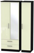 Knightsbridge Cream Gloss and Black 3 Door Tall Combi Wardrobe - 1 Mirror and LHF 2 Drawers