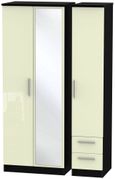 Knightsbridge Cream Gloss and Black 3 Door Tall Combi Wardrobe - 1 Mirror and RHF 2 Drawers