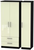 Knightsbridge Cream Gloss and Black 3 Door Triple Wardrobe - LHF 2 Drawers
