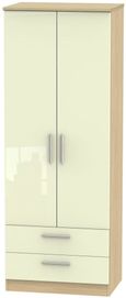 Knightsbridge Cream Gloss and Light Oak 2 Door 2 Drawer Tall Wardrobe