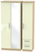 Knightsbridge Cream Gloss and Light Oak 3 Door Combi Wardrobe - 1 Mirror and RHF 2 Drawers