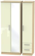 Knightsbridge Cream Gloss and Light Oak 3 Door Tall Combi Wardrobe - 1 Mirror and RHF 2 Drawers