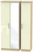 Knightsbridge Cream Gloss and Light Oak 3 Door Tall Triple Wardrobe - 1 Mirror