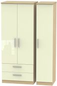 Knightsbridge Cream Gloss and Light Oak 3 Door Triple Wardrobe - LHF 2 Drawers
