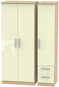 Knightsbridge Cream Gloss and Light Oak 3 Door Triple Wardrobe - RHF 2 Drawers