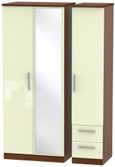 Knightsbridge Cream Gloss and Walnut Effect 3 Door Combi Wardrobe - 1 Mirror and RHF 2 Drawers