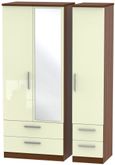Knightsbridge Cream Gloss and Walnut Effect 3 Door Combi Wardrobe - 1 Mirror