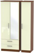 Knightsbridge Cream Gloss and Walnut Effect 3 Door Tall Combi Wardrobe - 1 Mirror and LHF 2 Drawers