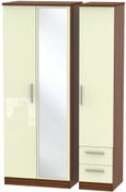 Knightsbridge Cream Gloss and Walnut Effect 3 Door Tall Combi Wardrobe - 1 Mirror and RHF 2 Drawers