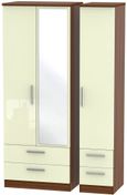 Knightsbridge Cream Gloss and Walnut Effect 3 Door Tall Combi Wardrobe - 1 Mirror