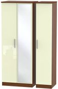 Knightsbridge Cream Gloss and Walnut Effect 3 Door Tall Triple Wardrobe - 1 Mirror